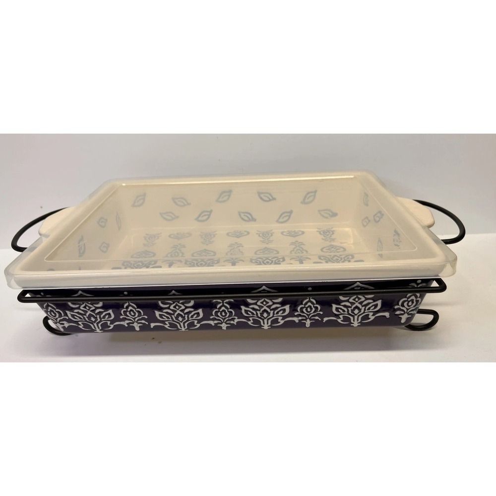 Temptations Old World Blue 4 QT Rectangle Baker Casserole Wire Server Multicolor